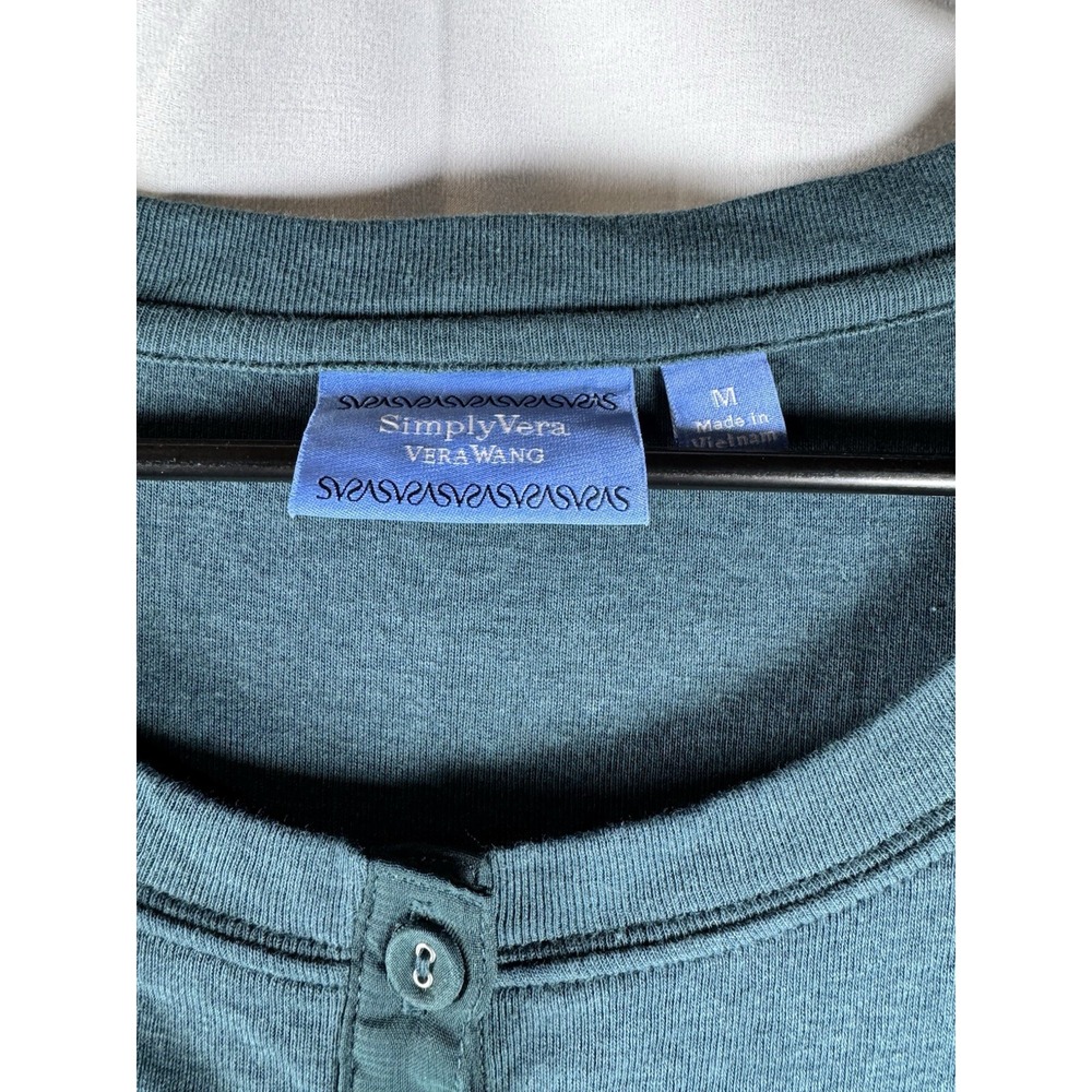 Simply Vera Wang Dark Teal Henley Sheer Hem Short Sleeve W/Bow‎ Size Medium NWT - Picture 2 of 6